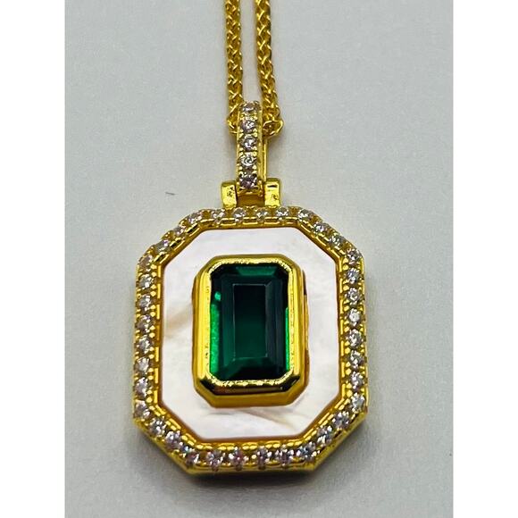 Emerald, Mother Of Pearl, and CZ Halo Pendant 18” 14k Gold/SS - Picture 5 of 7